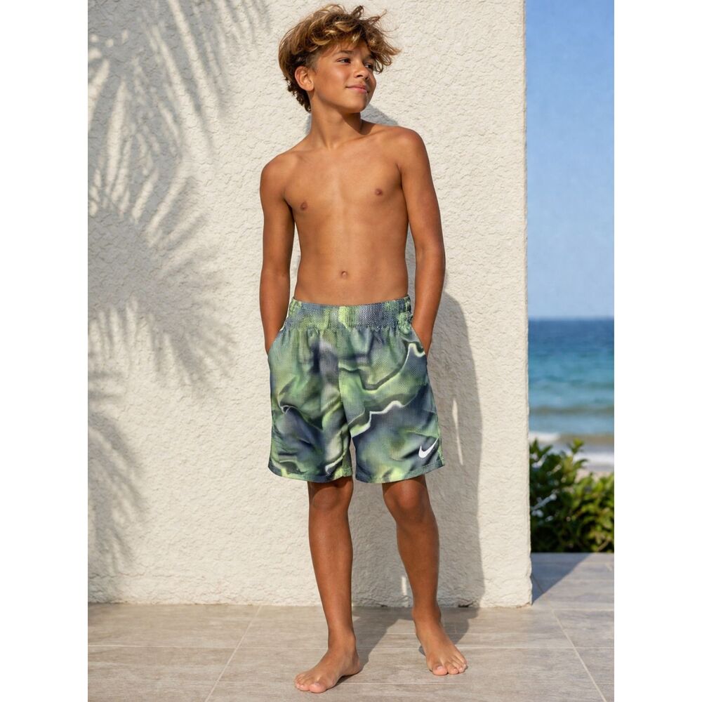 Nike Boys Trunks Size L Green Abstract Swim Elastic Waist Beach Pool Shorts N